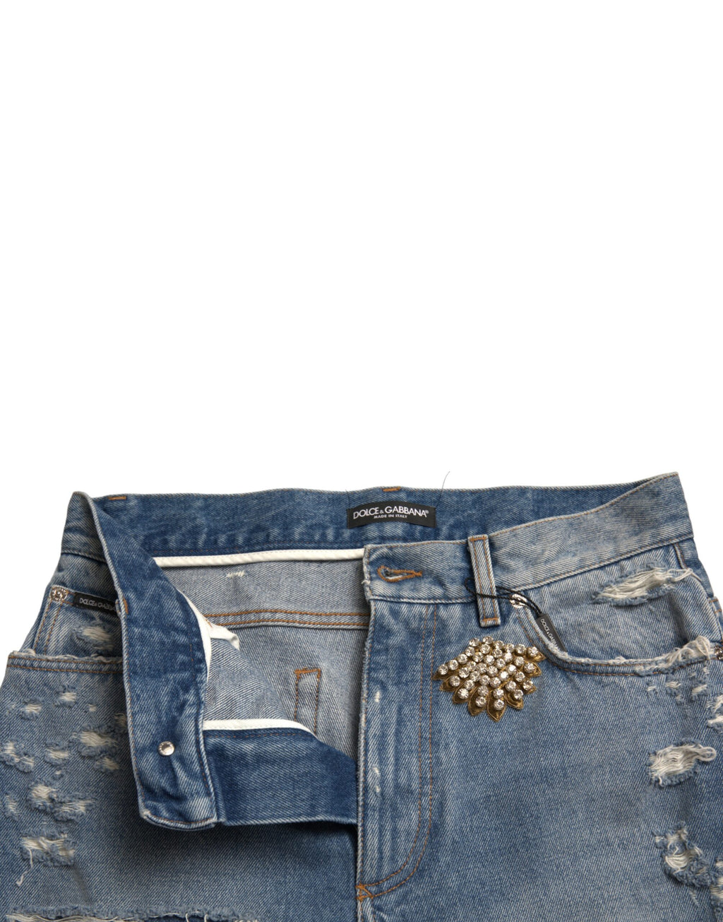 Blaue, zerfetzte Bermudashorts mit Verzierung