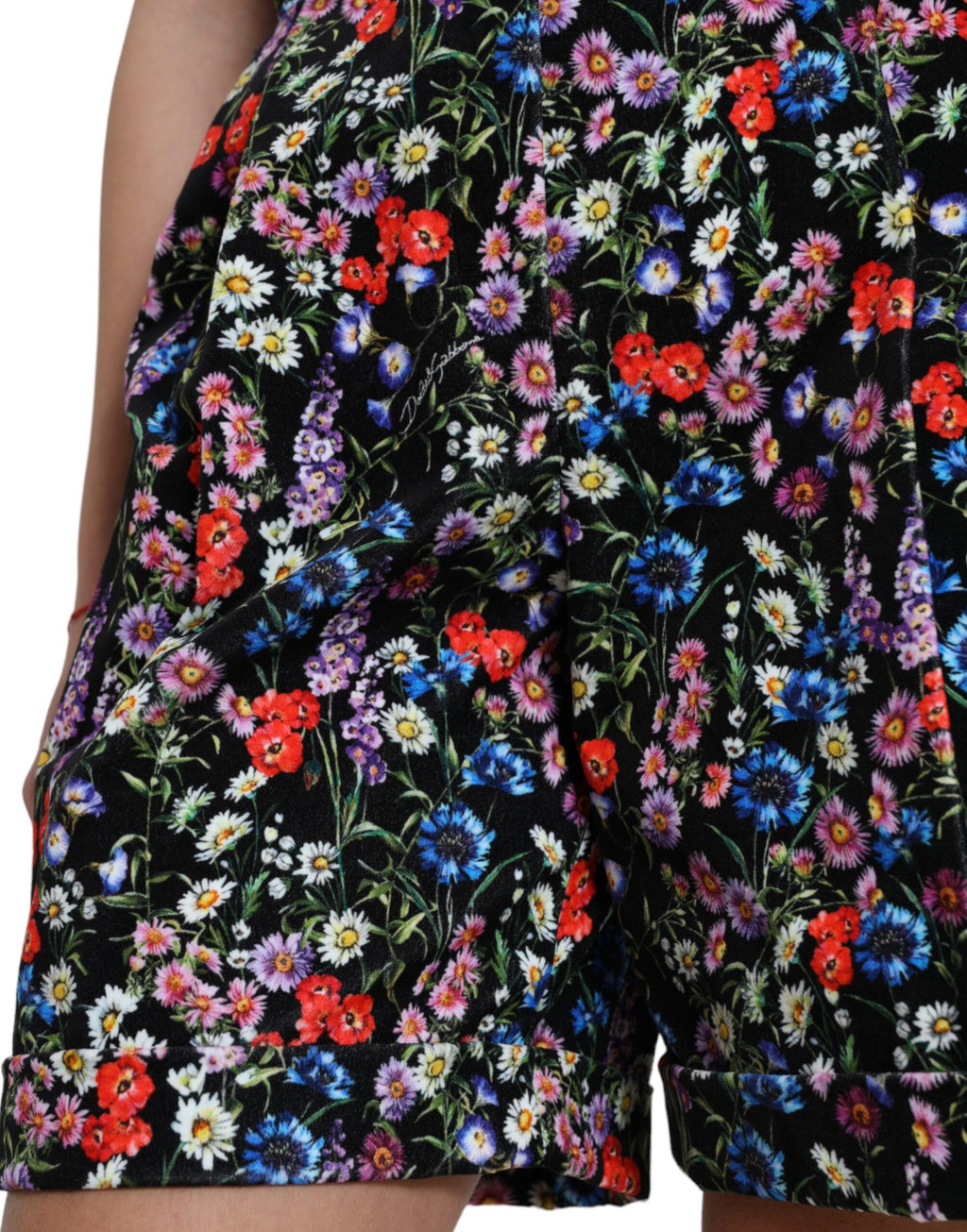Schwarze Hotpants-Shorts mit Blumenmuster und hoher Taille