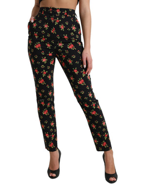 Schwarze, florale Karottenhose aus Wolle mit hoher Taille