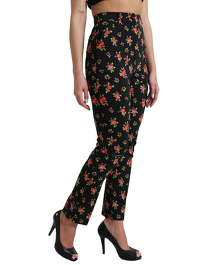 Schwarze, florale Karottenhose aus Wolle mit hoher Taille