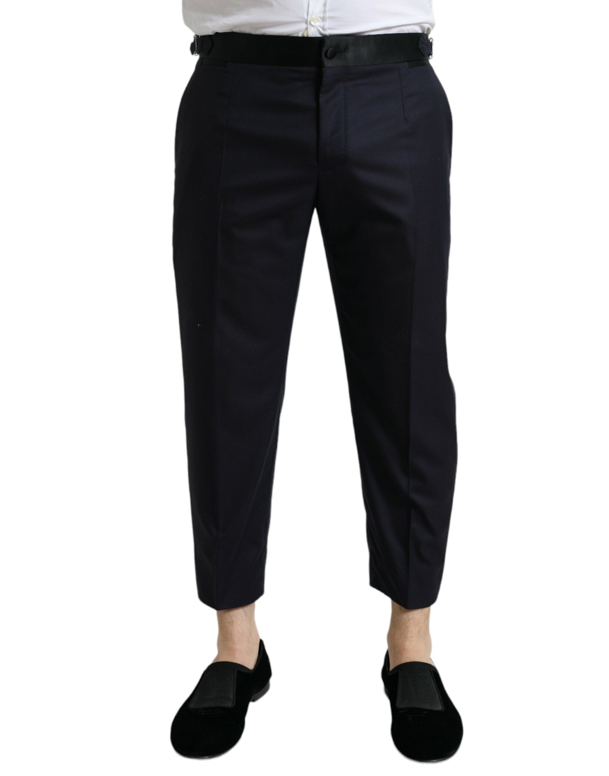 Blaue, verkürzte Karottenhose aus Wolle