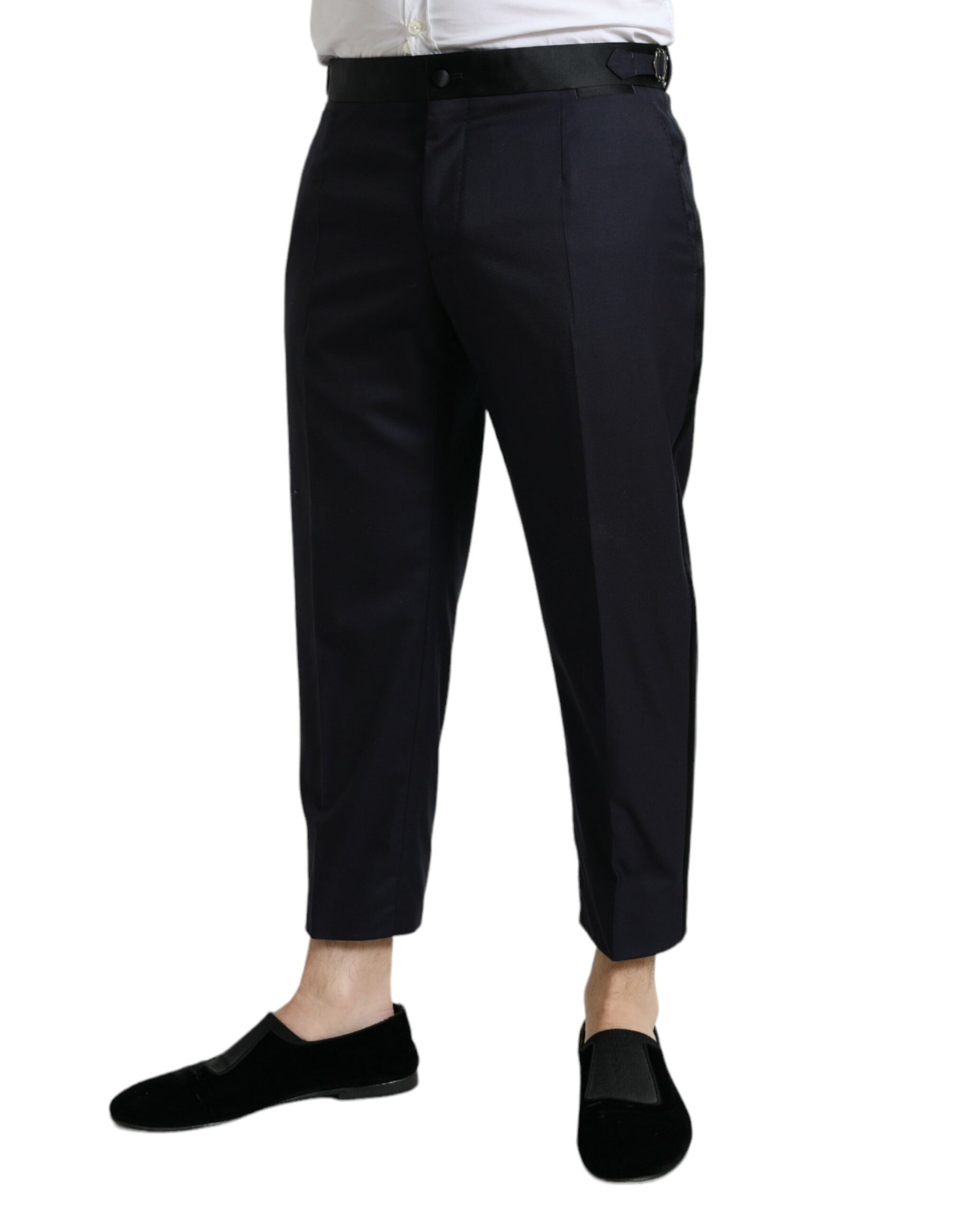 Blaue, verkürzte Karottenhose aus Wolle