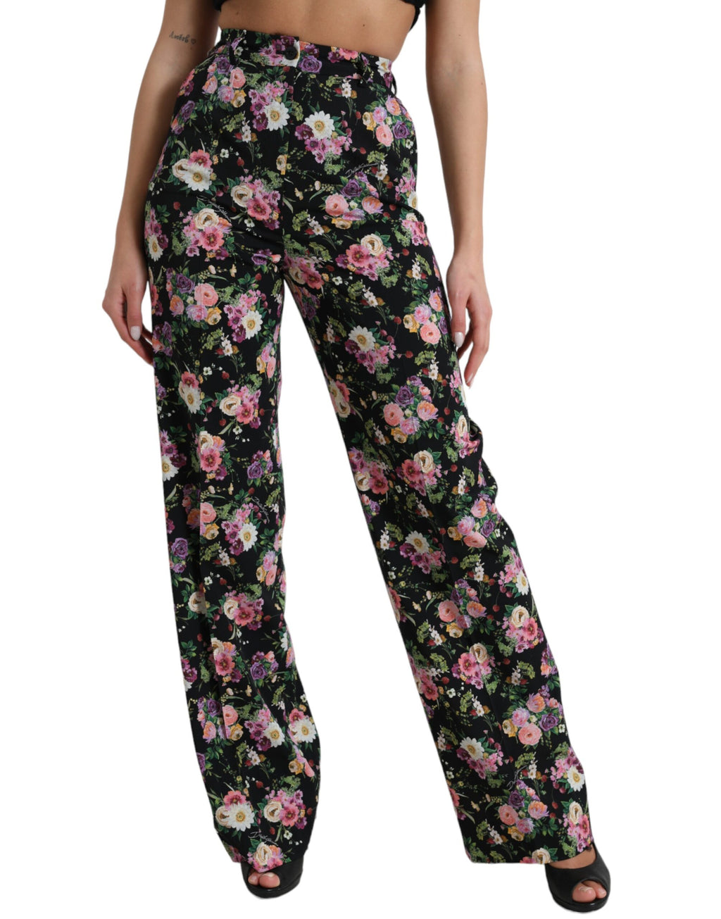 Schwarze Wollhose mit hohem Bund und weitem Bein und Blumenmuster