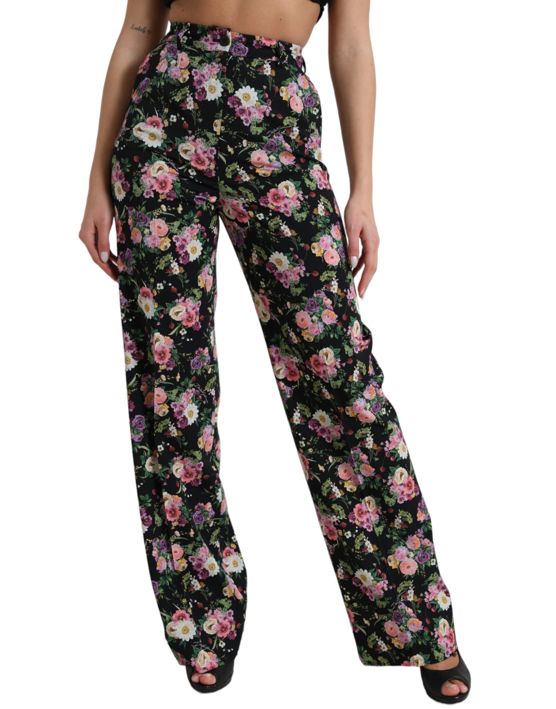 Schwarze Wollhose mit hohem Bund und weitem Bein und Blumenmuster
