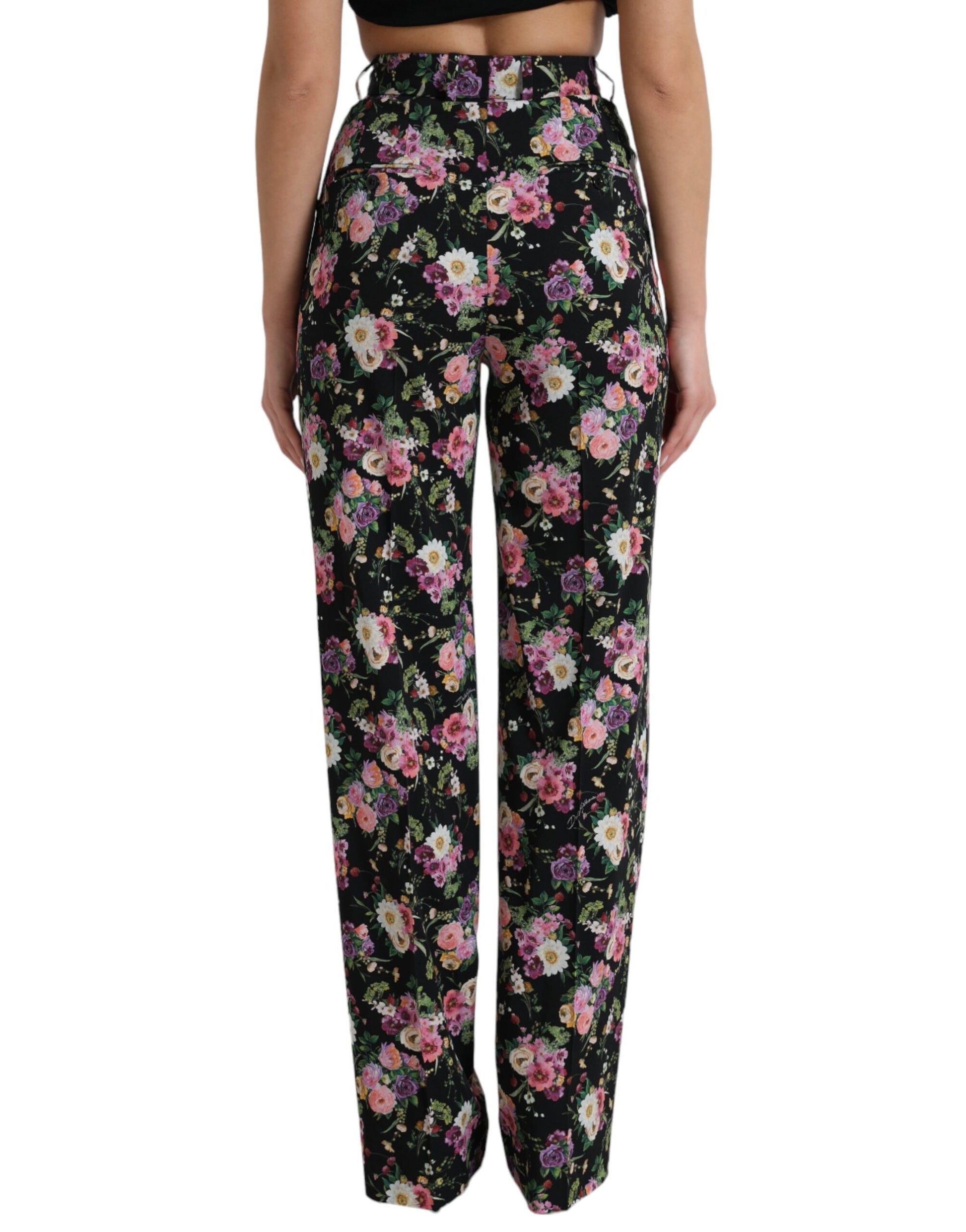 Schwarze Wollhose mit hohem Bund und weitem Bein und Blumenmuster