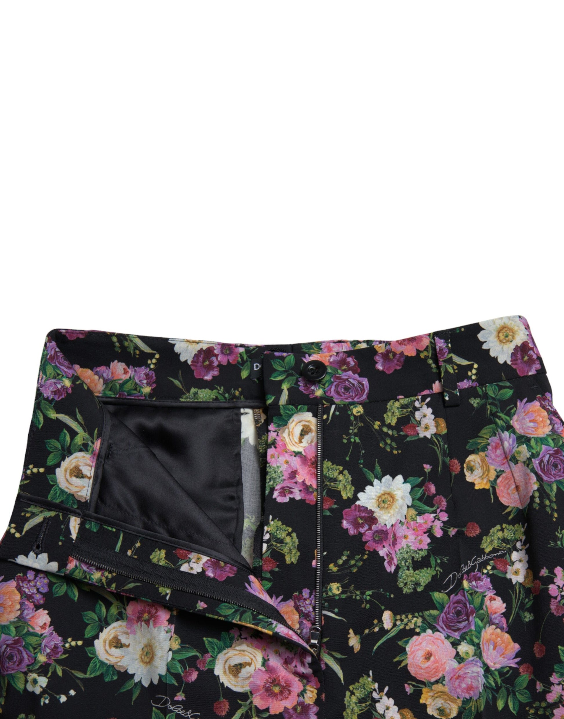 Schwarze Wollhose mit hohem Bund und weitem Bein und Blumenmuster