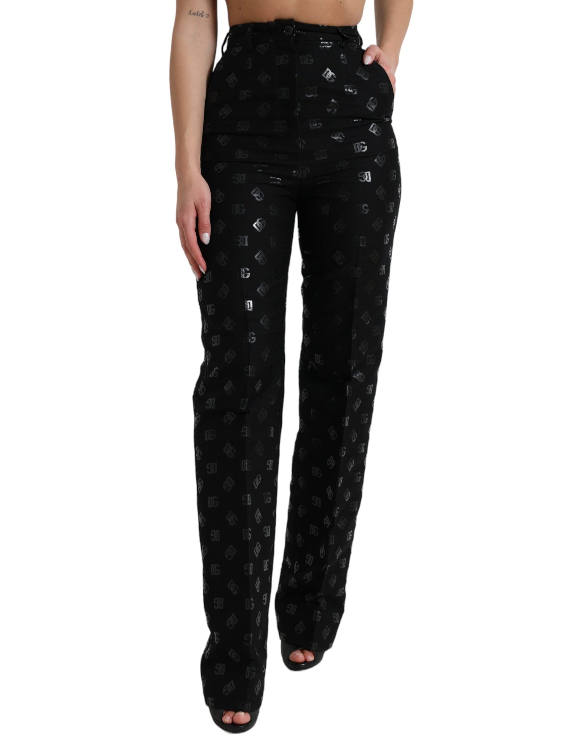 Schwarze, gerade Hose aus Wolle mit hohem Bund und DG-Logo