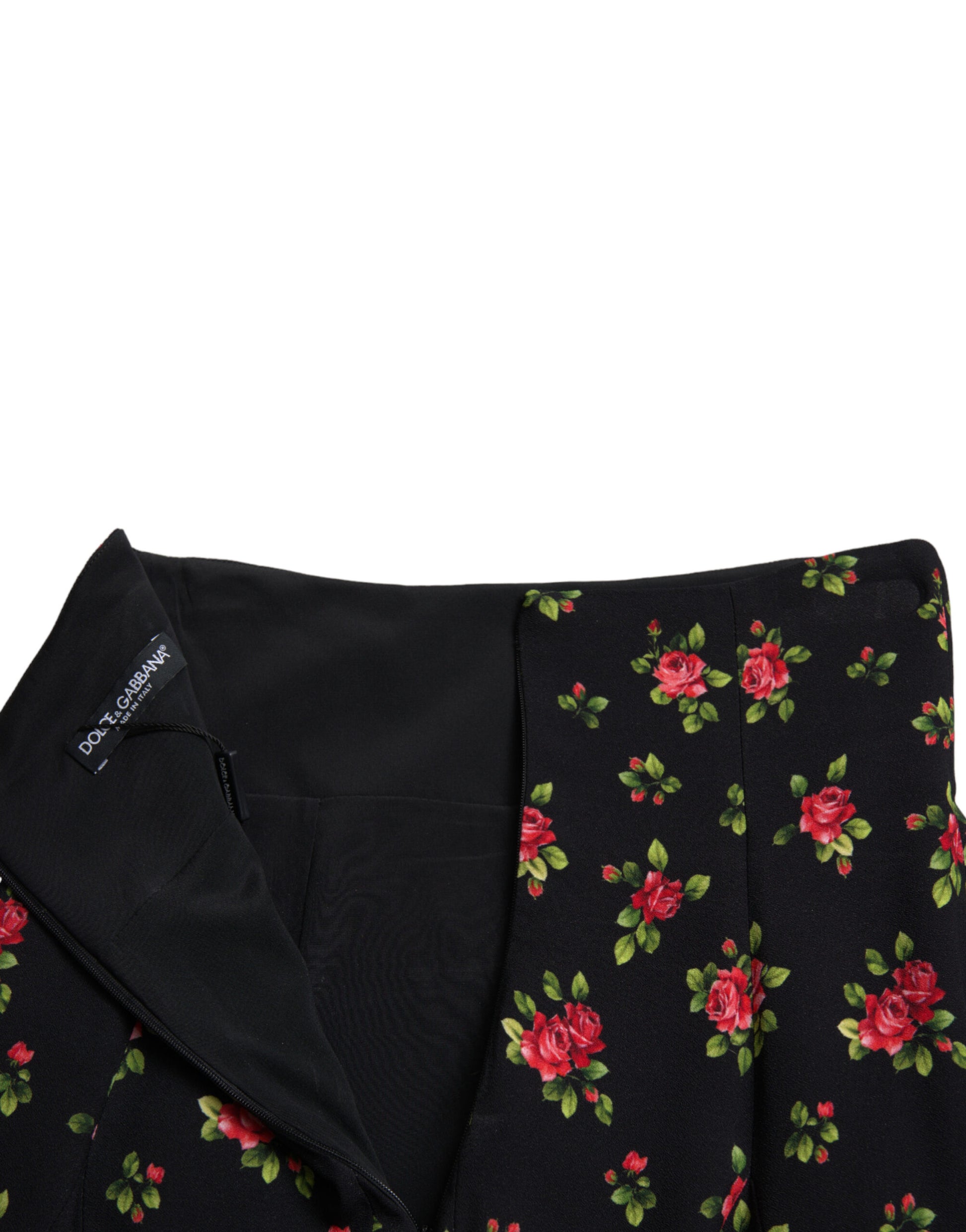 Schwarzer A-Linien-Minirock mit hoher Taille und Rosenmuster