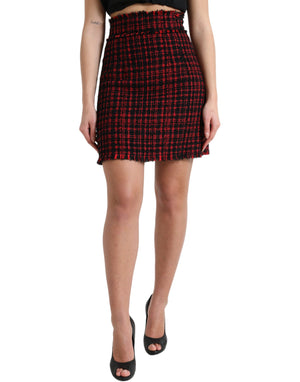 Schwarz-roter Minirock aus Baumwolle mit hoher Taille und Tartan-Tweed