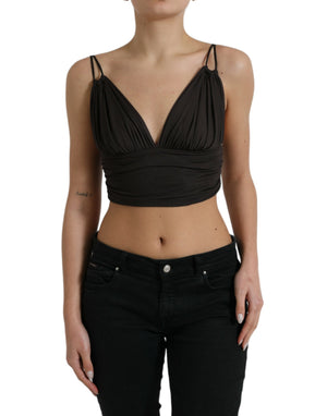 Braunes, kurzes Tanktop aus Viskose mit tiefem V-Ausschnitt