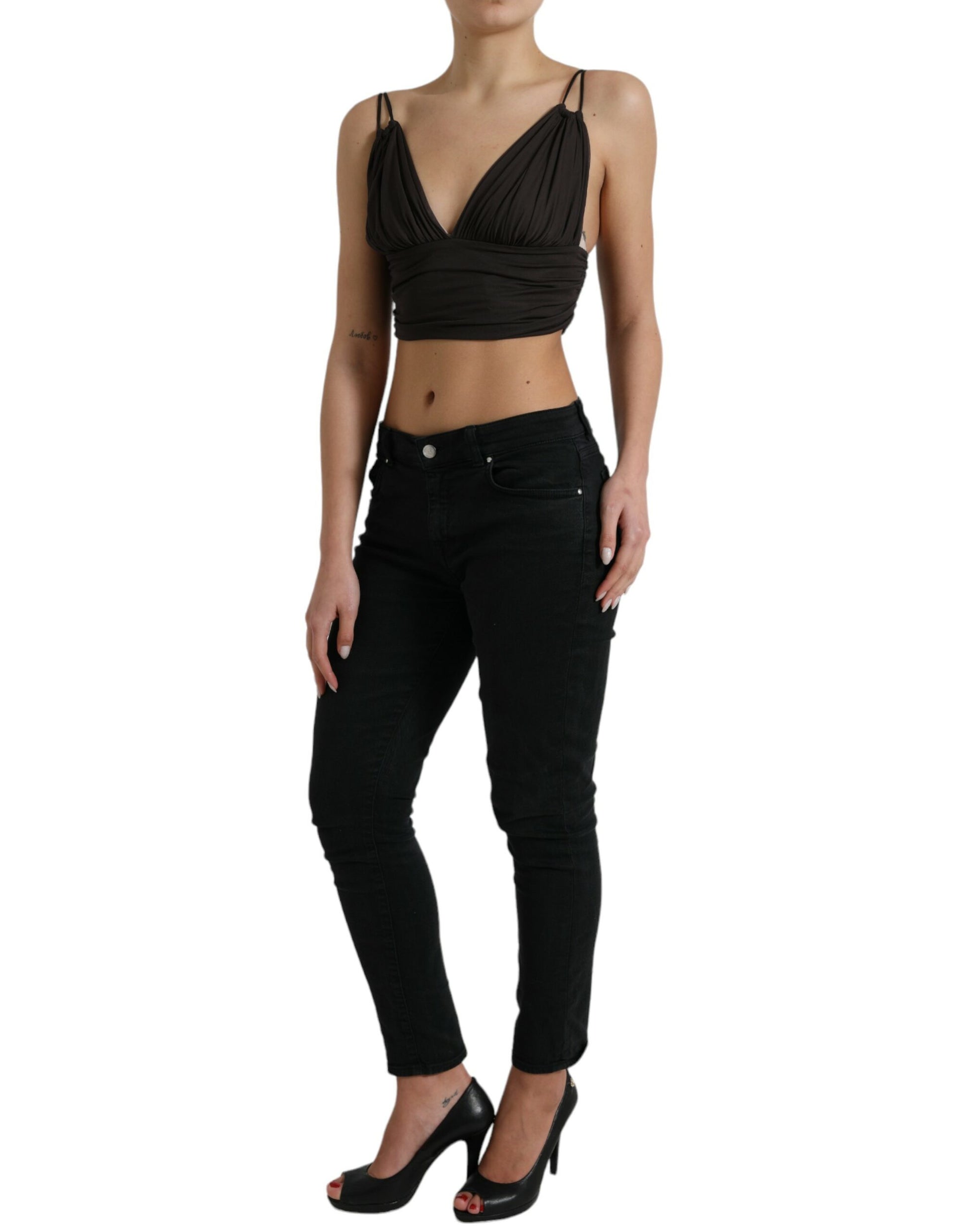 Braunes, kurzes Tanktop aus Viskose mit tiefem V-Ausschnitt