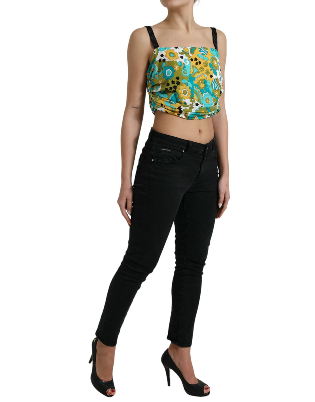 Ärmelloses Crop-Top mit mehrfarbigem Blumenmuster
