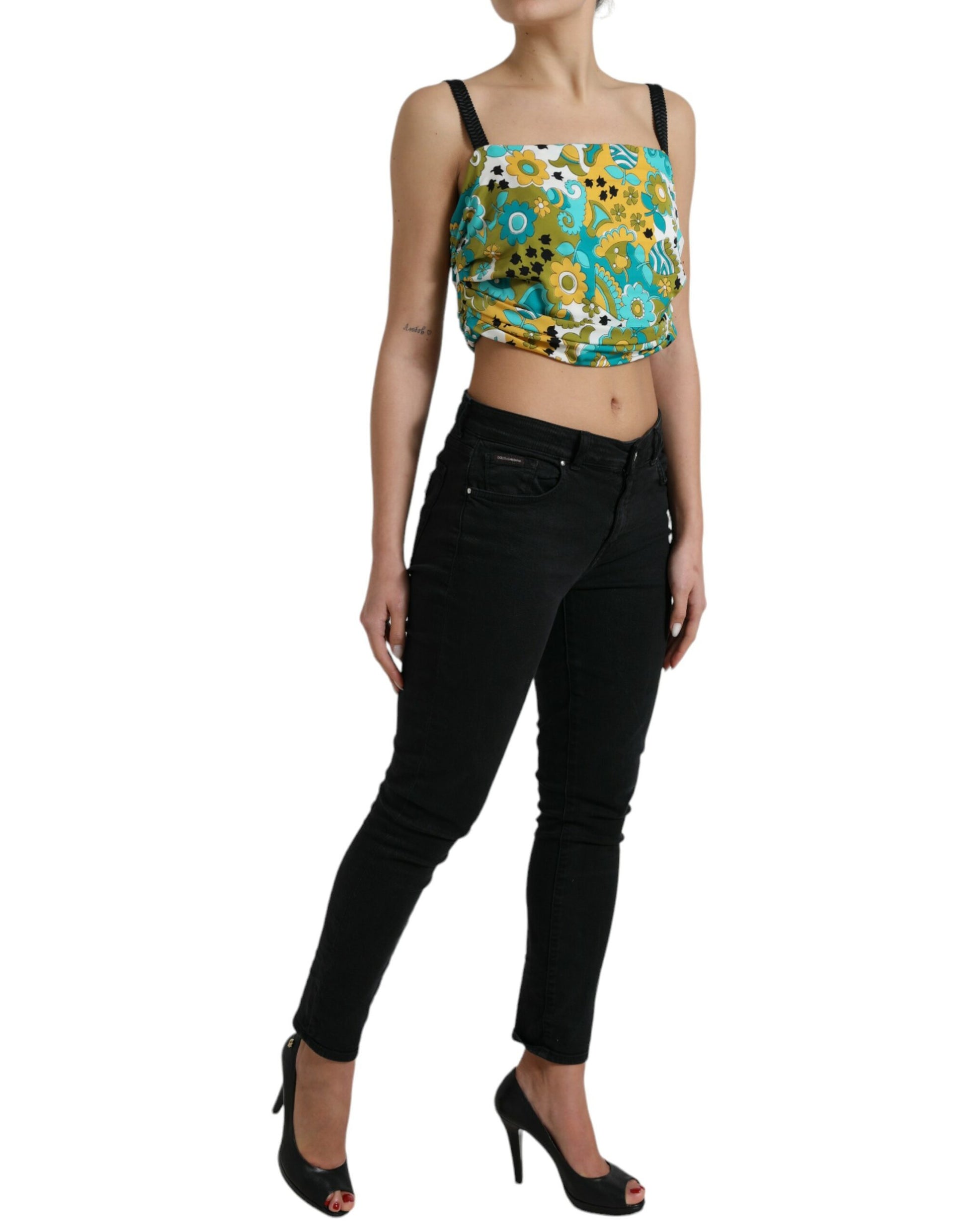 Ärmelloses Crop-Top mit mehrfarbigem Blumenmuster