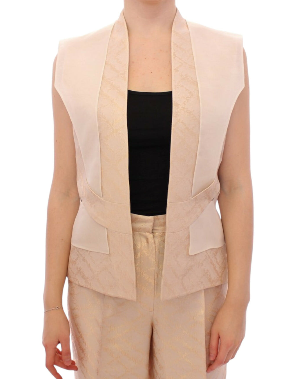 Beige ärmellose Jacke aus Brokat