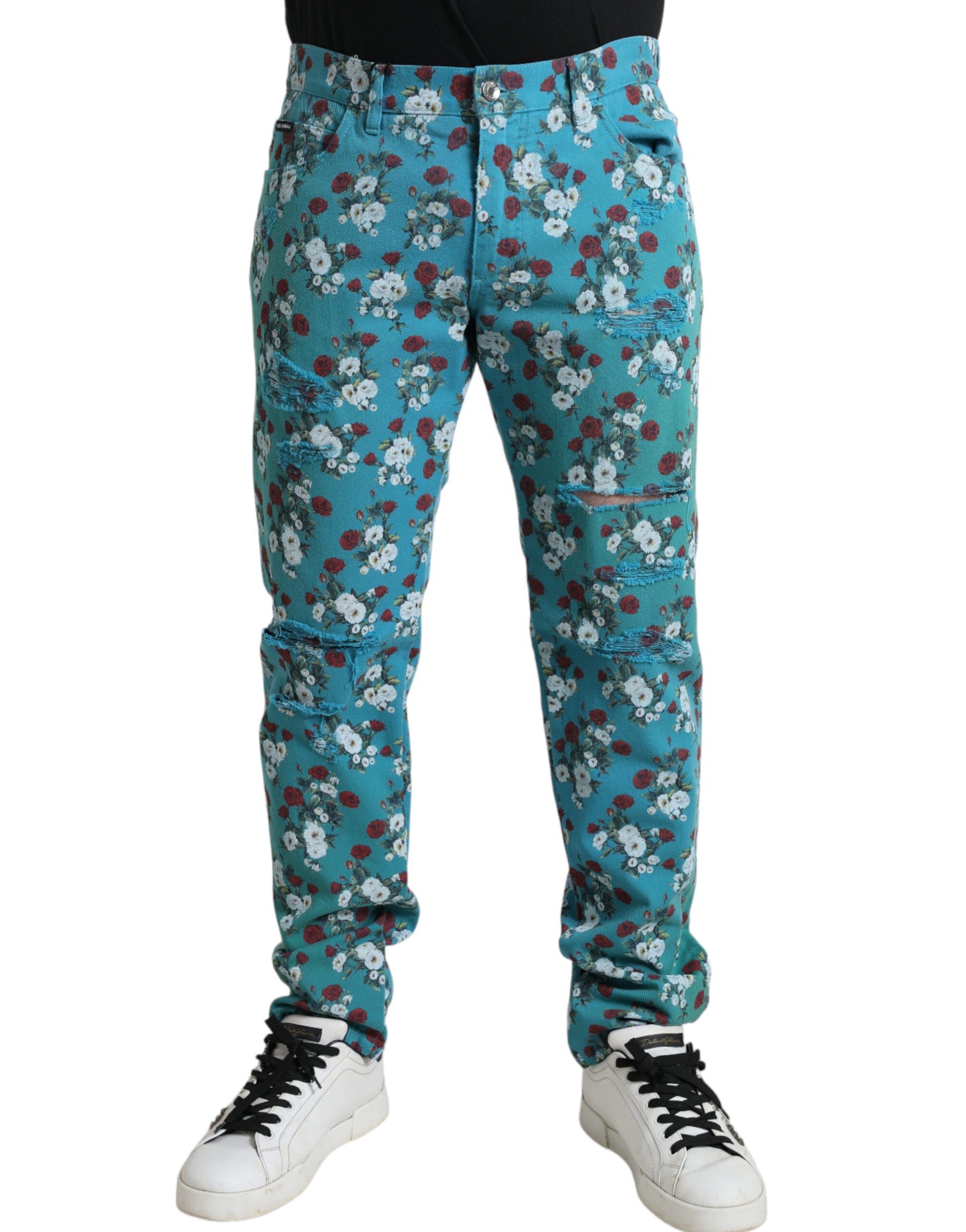 Blaue Skinny-Jeans aus Baumwolle mit Blumenmuster