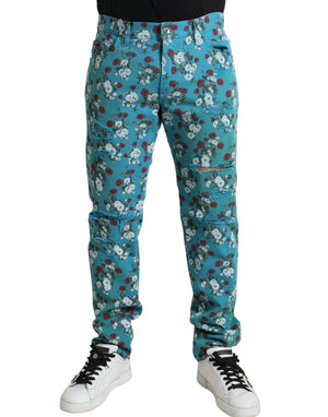 Blaue Skinny-Jeans aus Baumwolle mit Blumenmuster