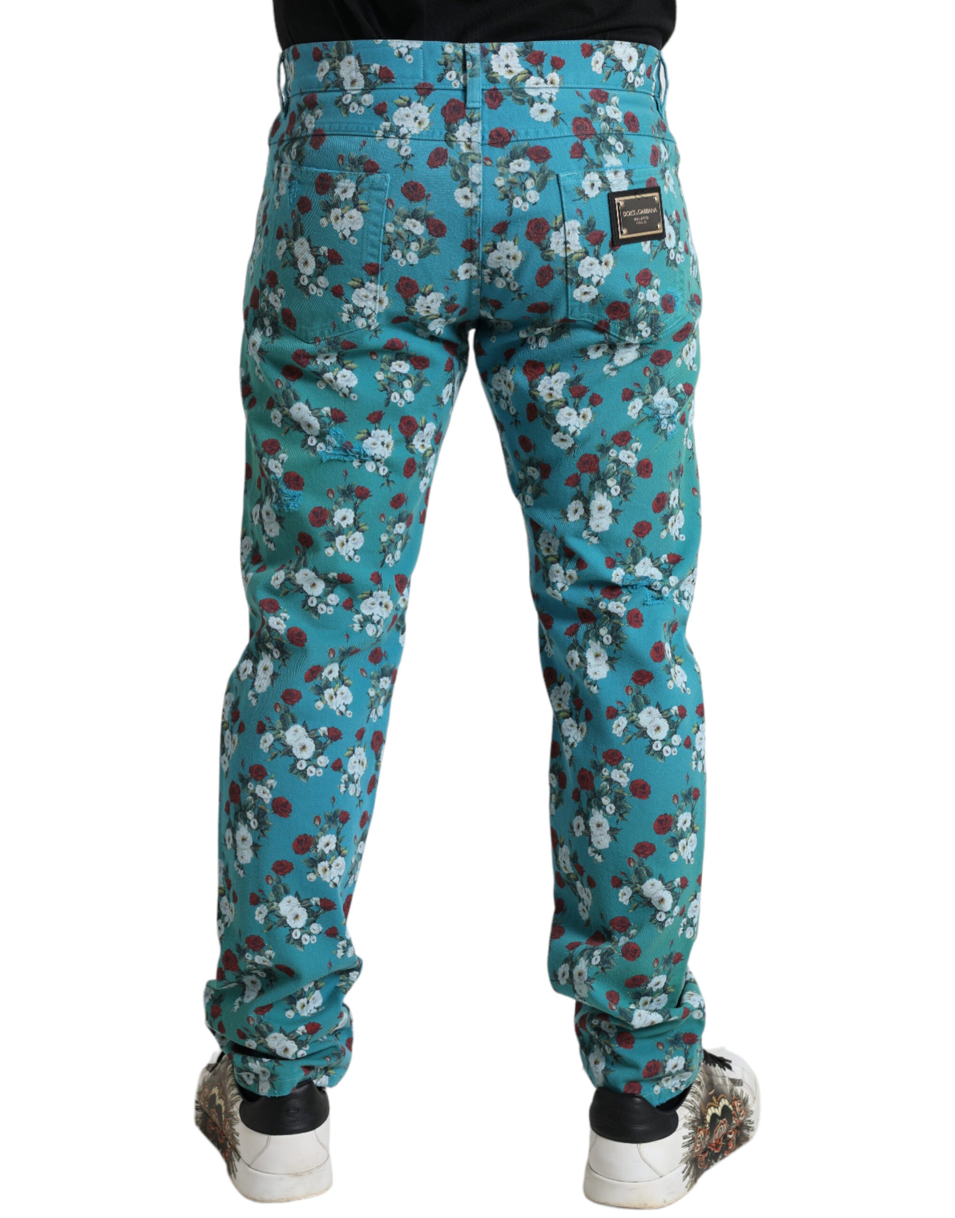 Blaue Skinny-Jeans aus Baumwolle mit Blumenmuster