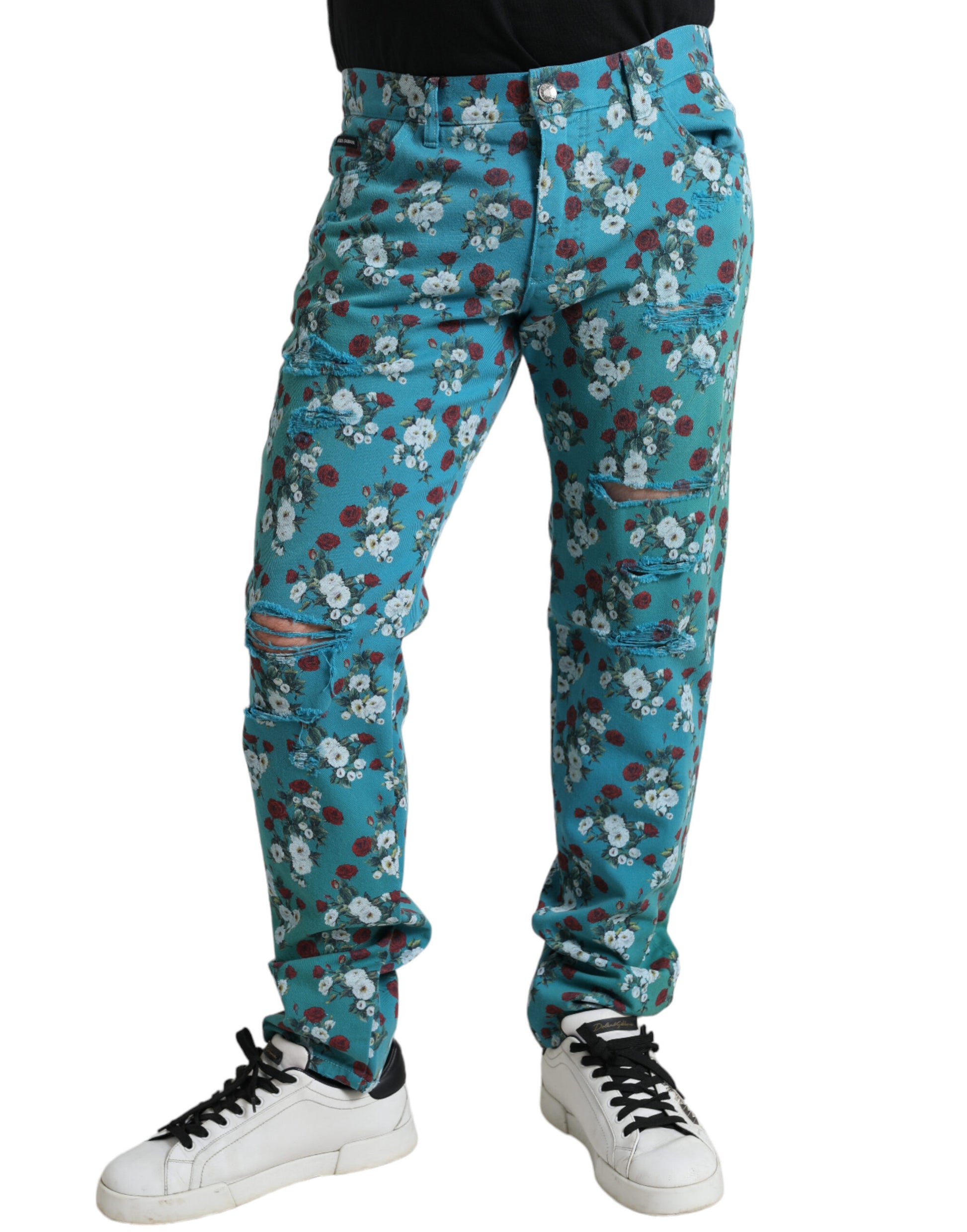 Blaue Skinny-Jeans aus Baumwolle mit Blumenmuster