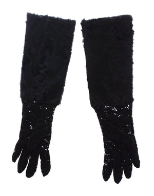 Schwarze Ellbogenhandschuhe aus Lammfellwolle mit Spitze