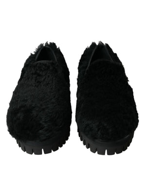 Schwarze Pelz-Leder-Hausschuhe, Abendschuhe