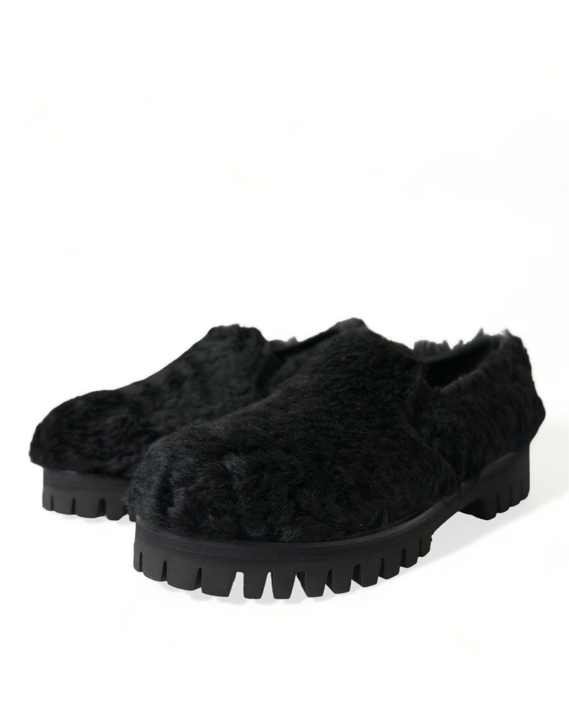 Schwarze Pelz-Leder-Hausschuhe, Abendschuhe