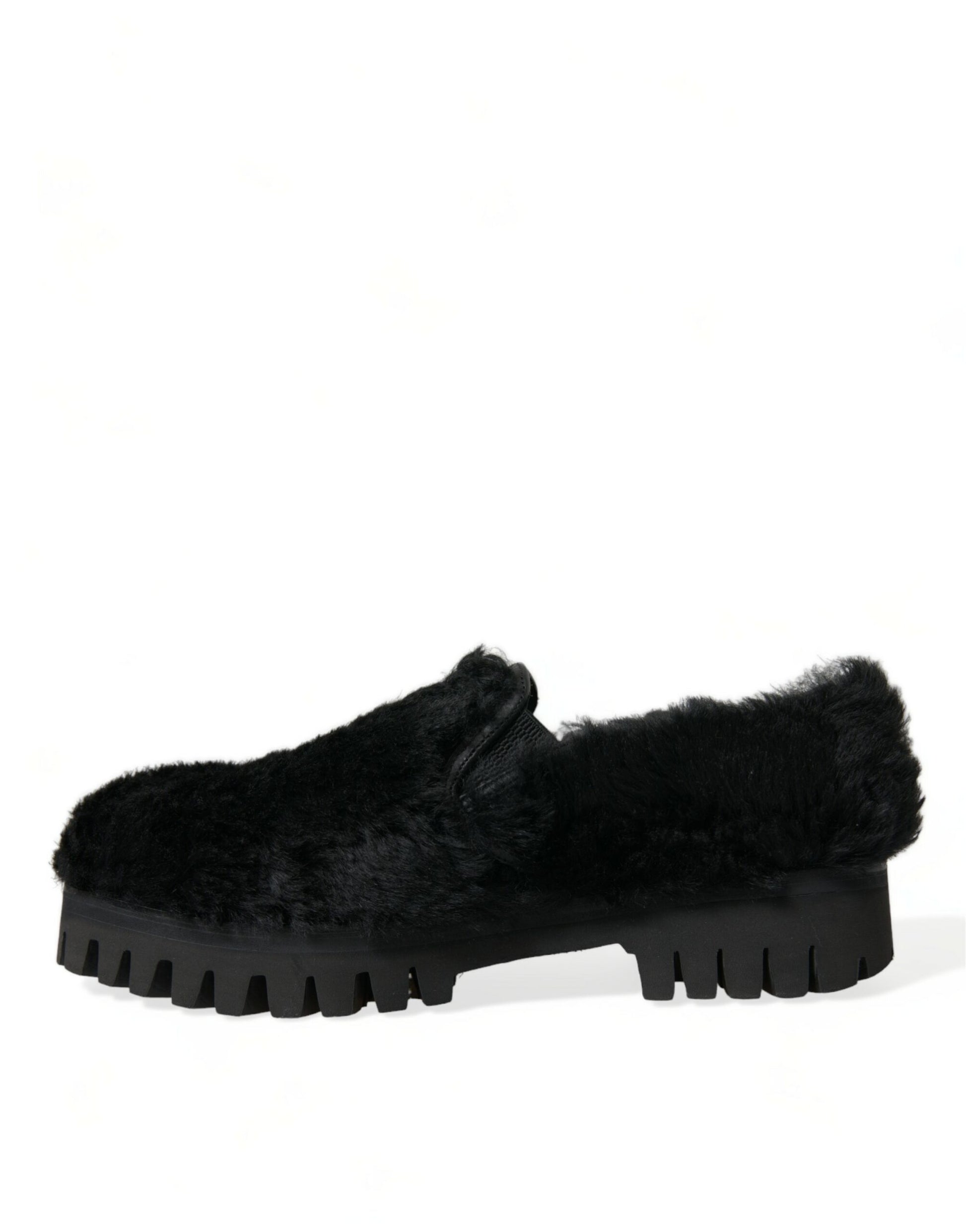 Schwarze Pelz-Leder-Hausschuhe, Abendschuhe