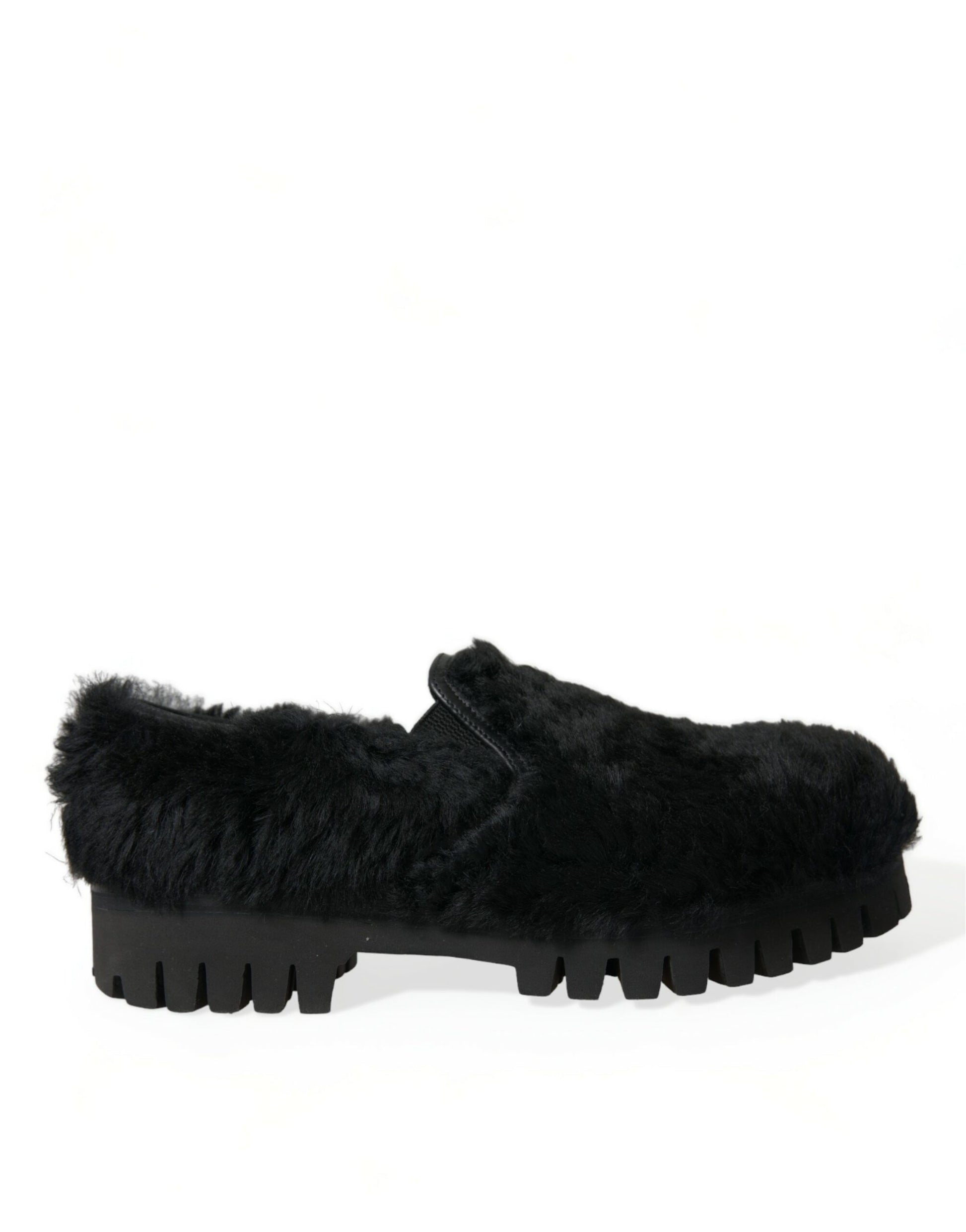 Schwarze Pelz-Leder-Hausschuhe, Abendschuhe