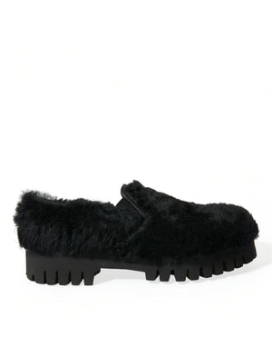Schwarze Pelz-Leder-Hausschuhe, Abendschuhe