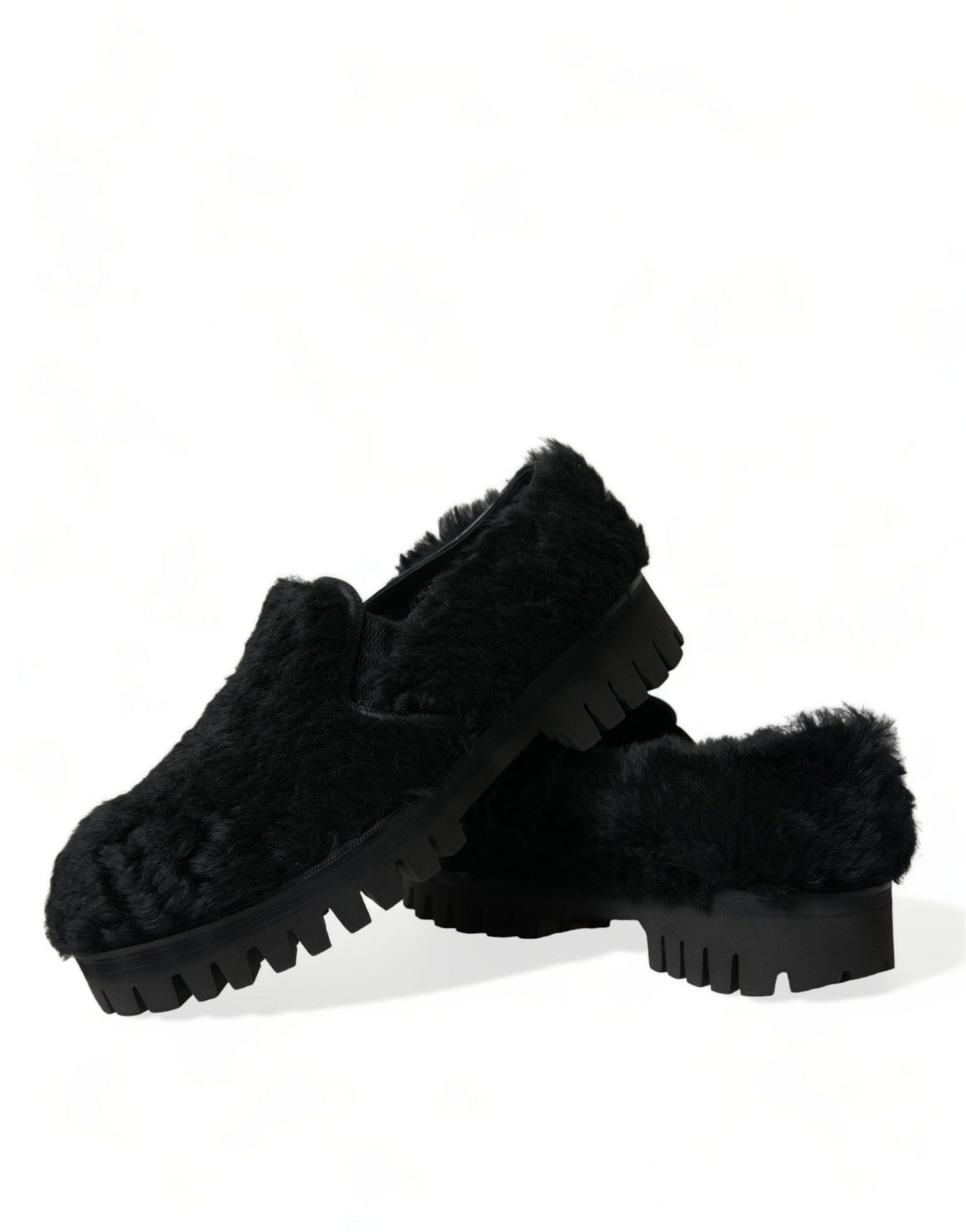 Schwarze Pelz-Leder-Hausschuhe, Abendschuhe