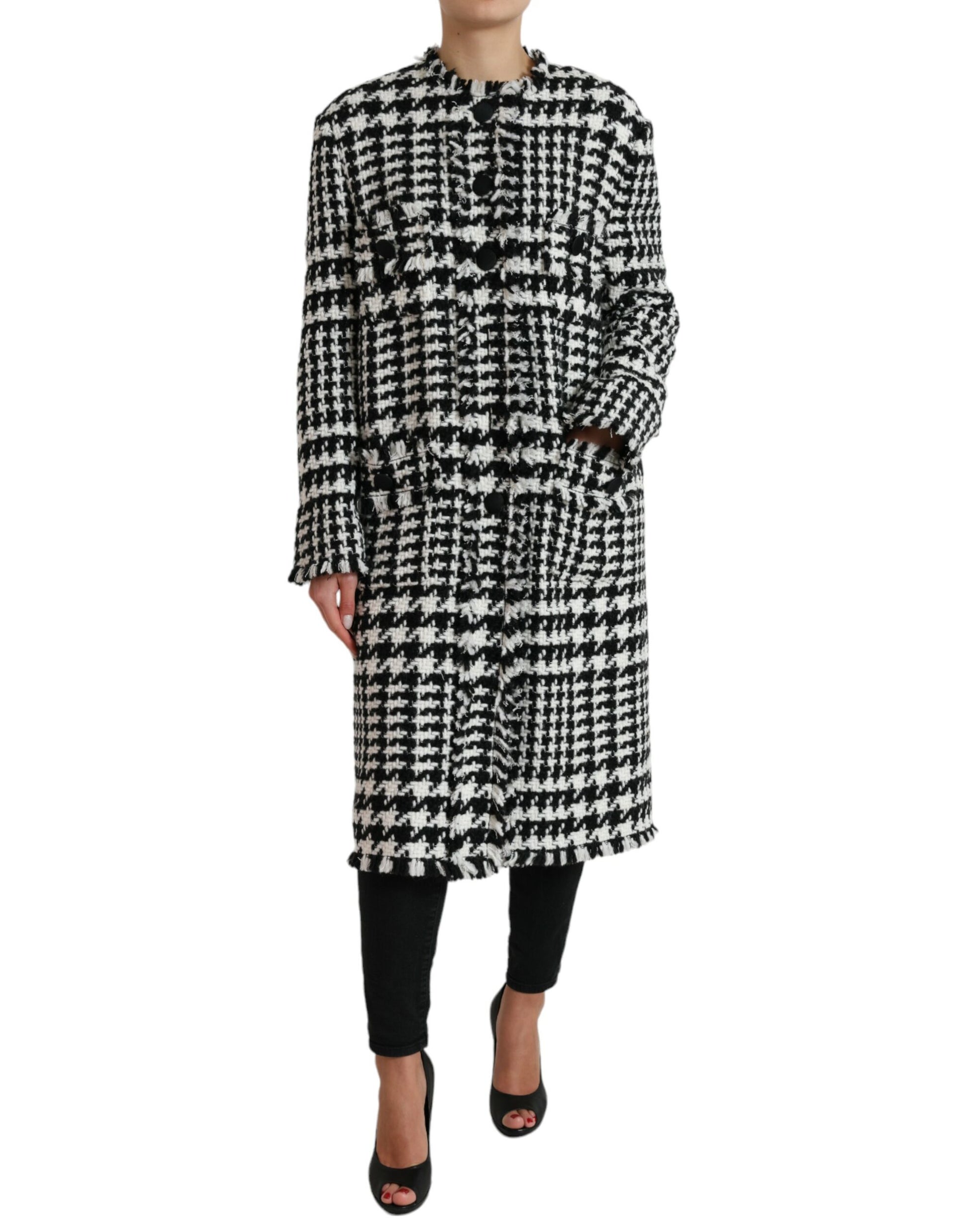 Schwarz-weiße Trenchcoat-Jacke mit Hahnentrittmuster