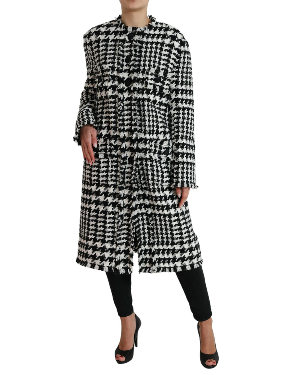 Schwarz-weiße Trenchcoat-Jacke mit Hahnentrittmuster