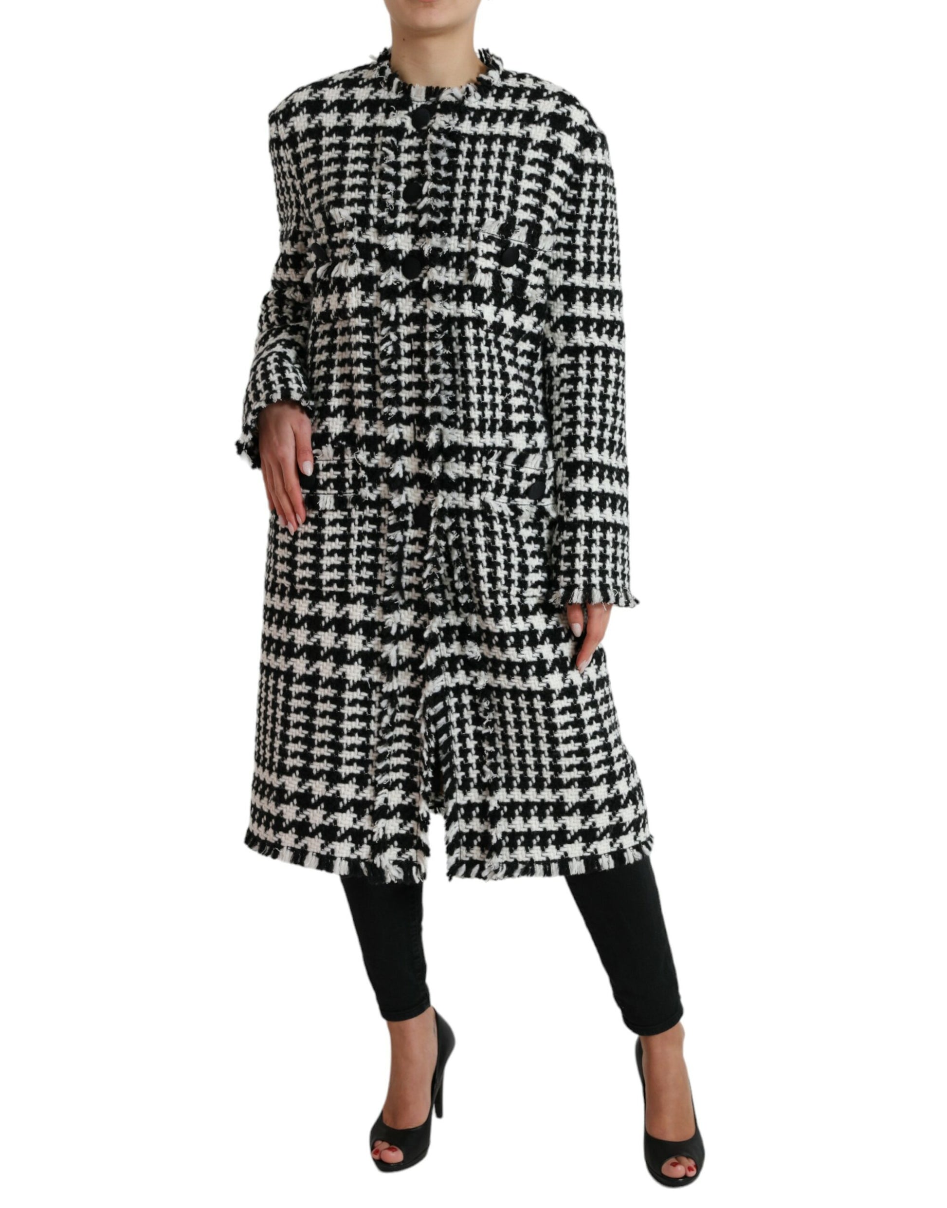 Schwarz-weiße Trenchcoat-Jacke mit Hahnentrittmuster
