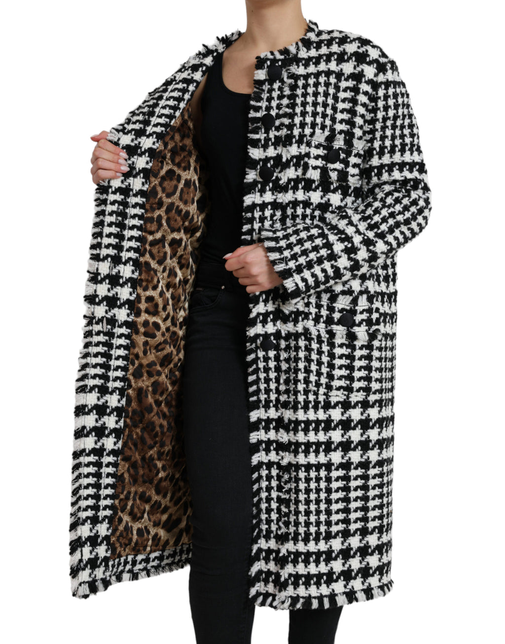 Schwarz-weiße Trenchcoat-Jacke mit Hahnentrittmuster