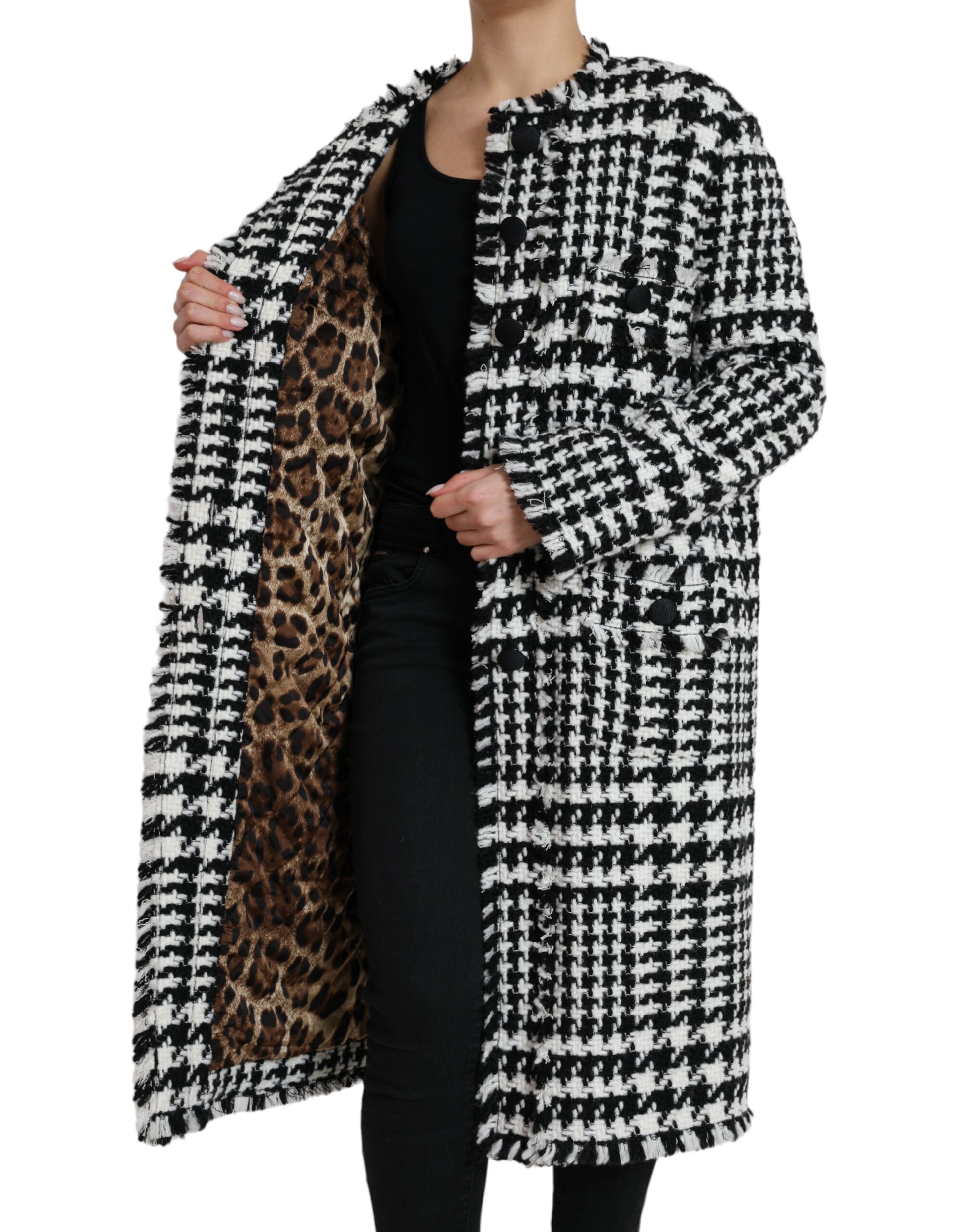 Schwarz-weiße Trenchcoat-Jacke mit Hahnentrittmuster