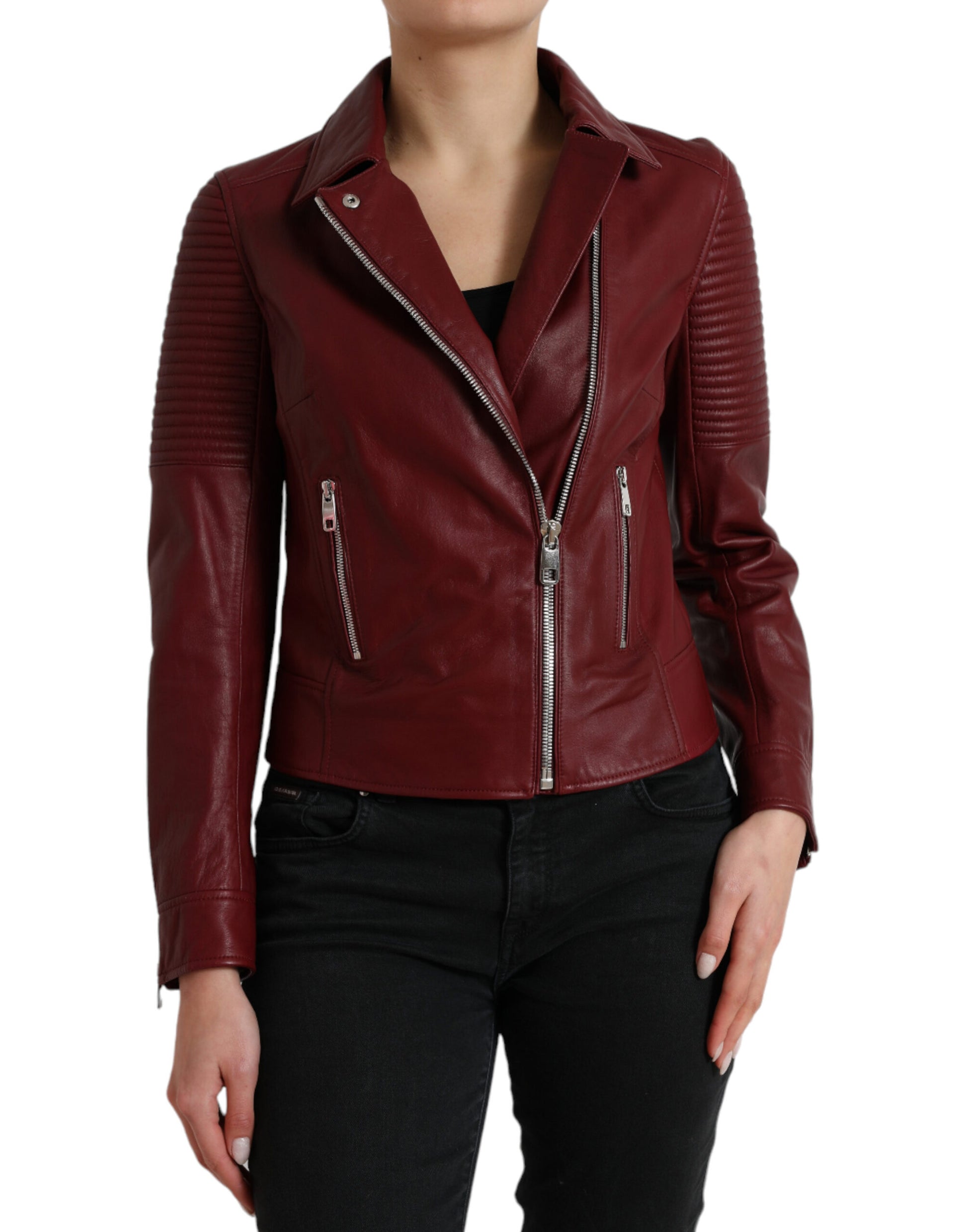 Bordeaux Leder Bikermantel Lammfelljacke