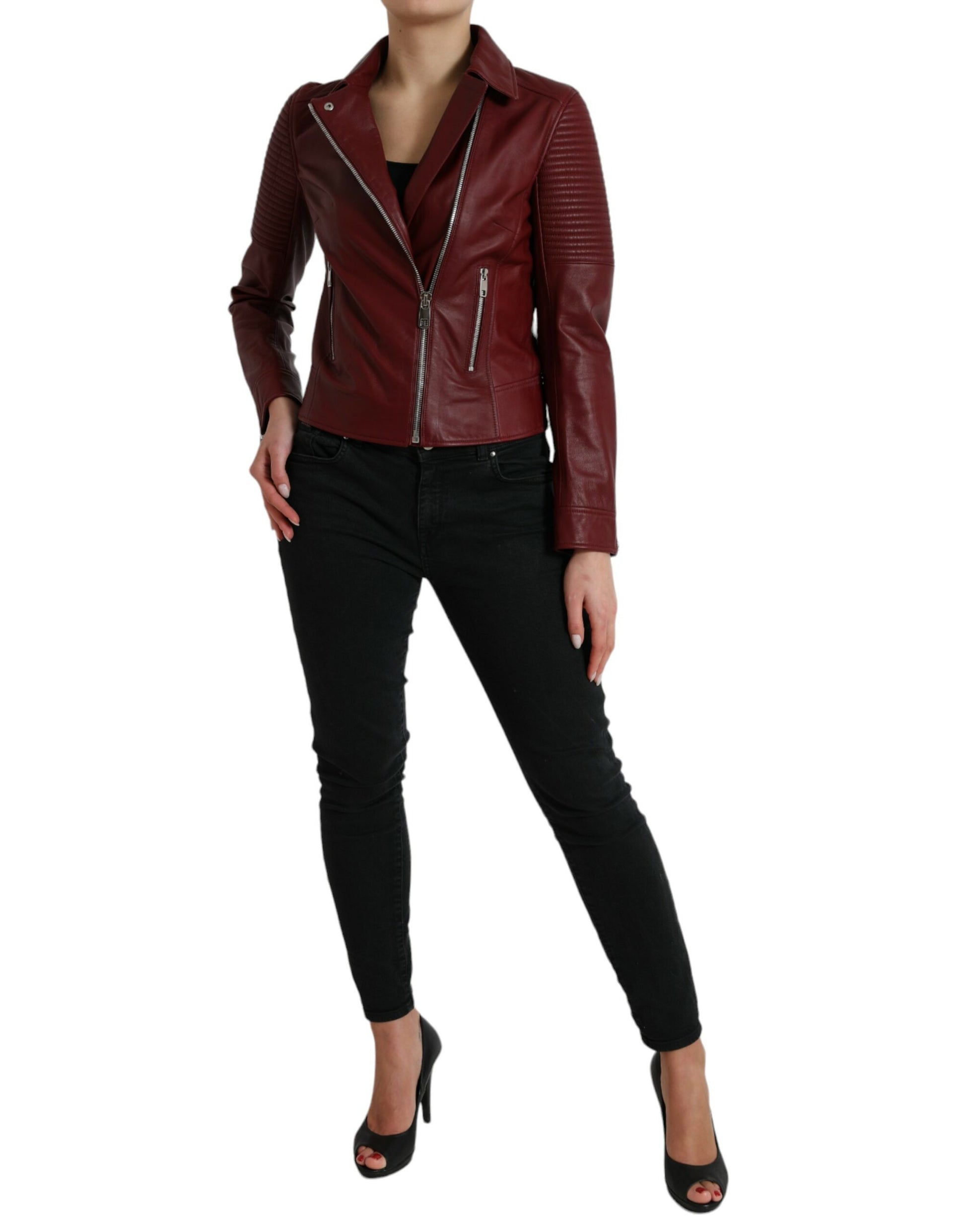 Bordeaux Leder Bikermantel Lammfelljacke