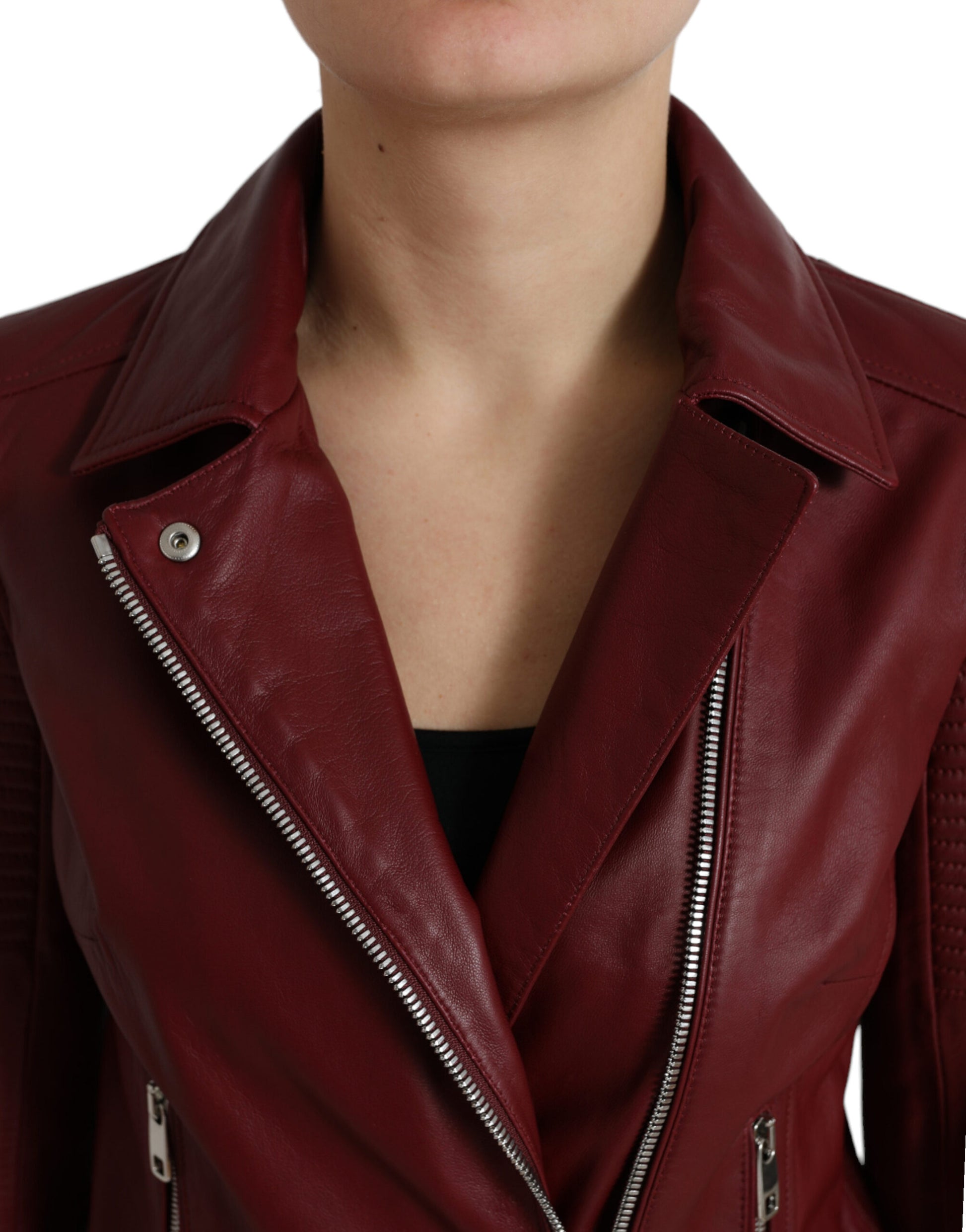 Bordeaux Leder Bikermantel Lammfelljacke