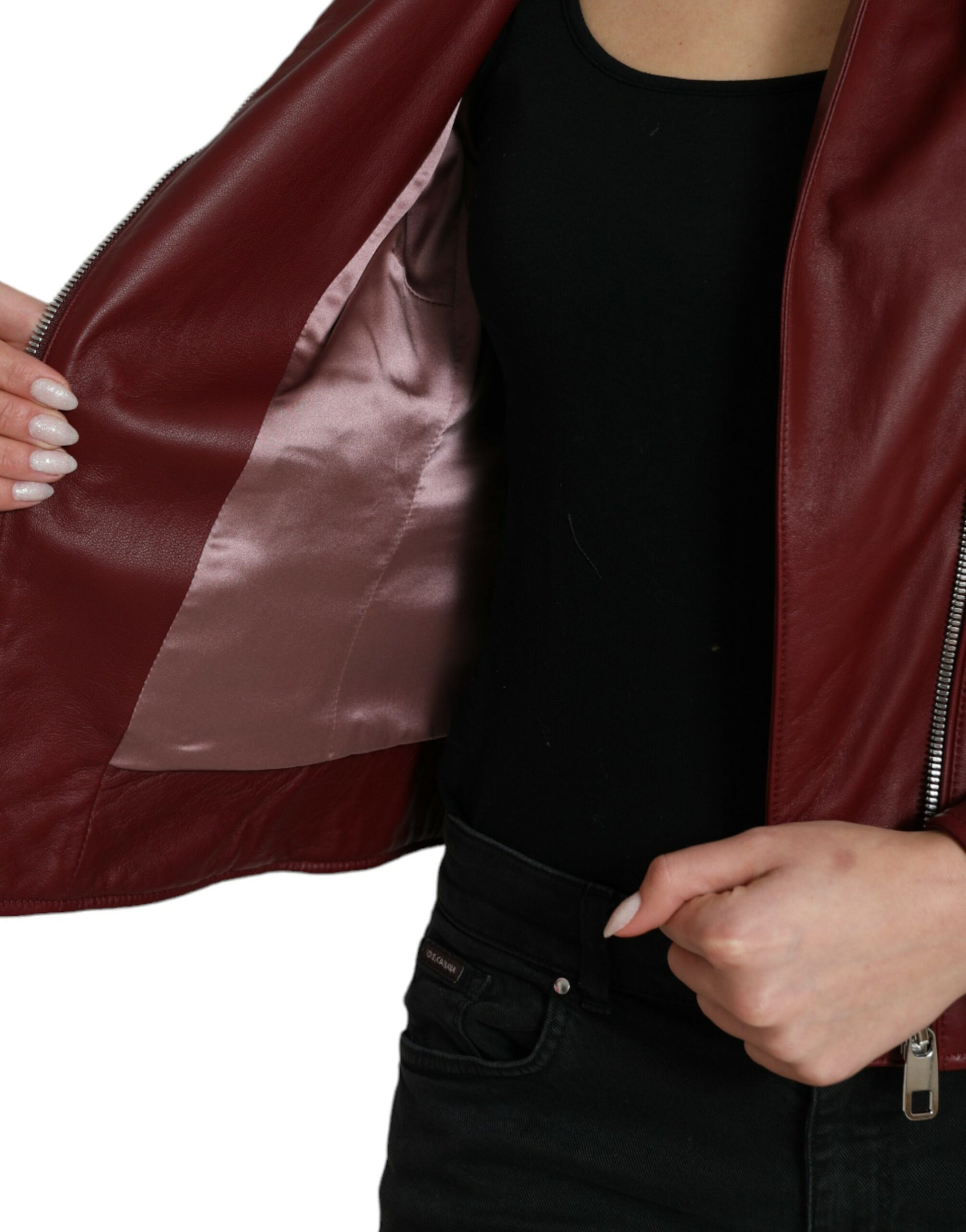 Bordeaux Leder Bikermantel Lammfelljacke