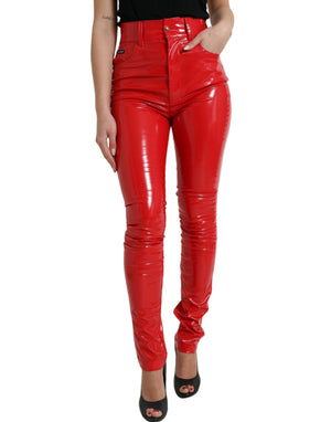 Glänzend rote Skinny-Hose mit hoher Taille