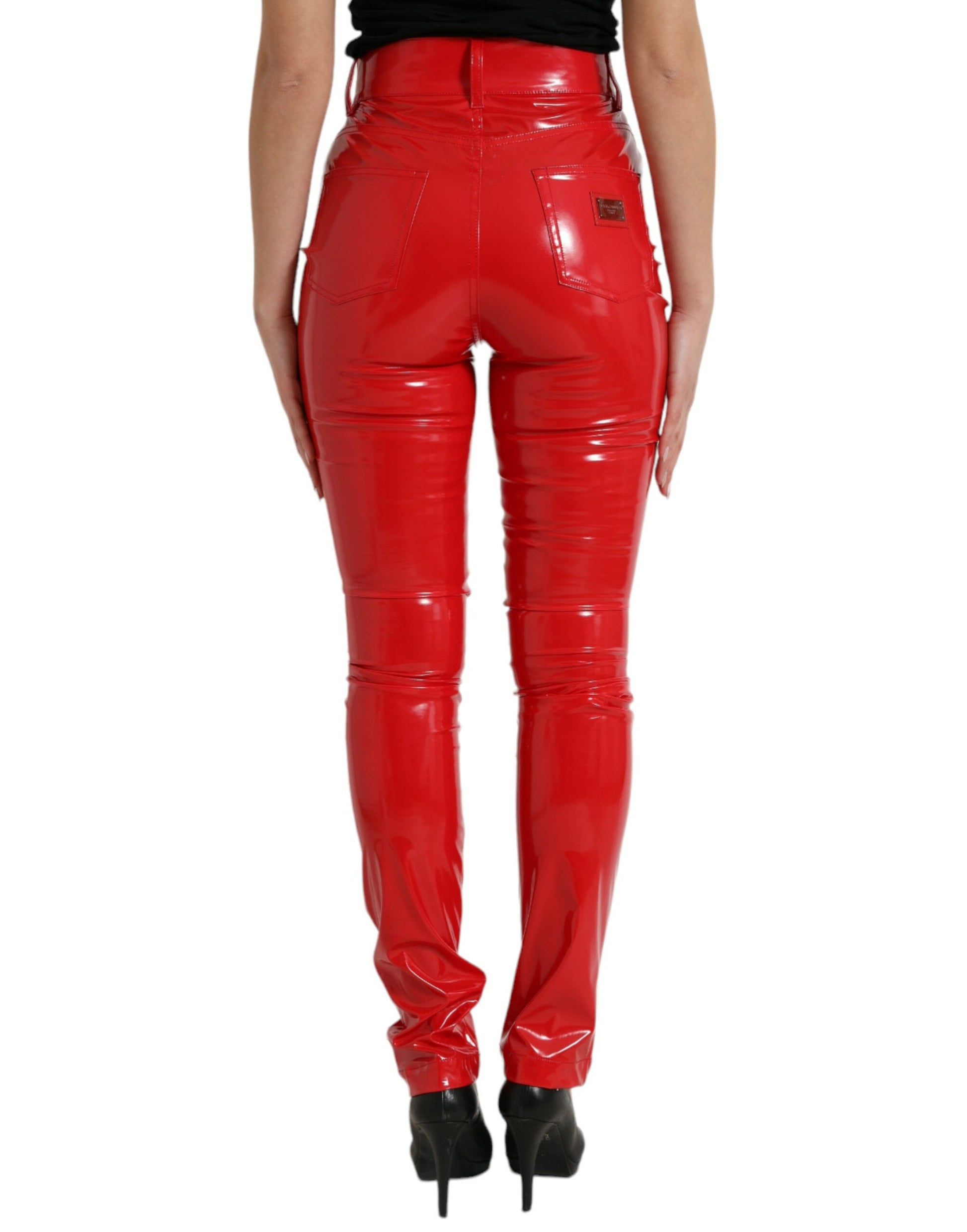 Glänzend rote Skinny-Hose mit hoher Taille