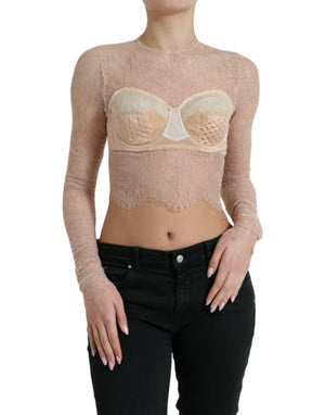 Beiges kurzes Bustier-Top aus Nylon mit Blumenspitze