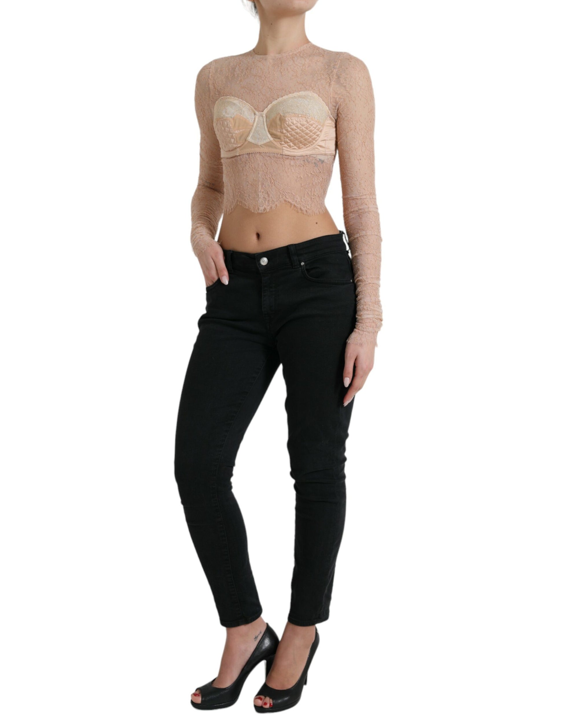 Beiges kurzes Bustier-Top aus Nylon mit Blumenspitze