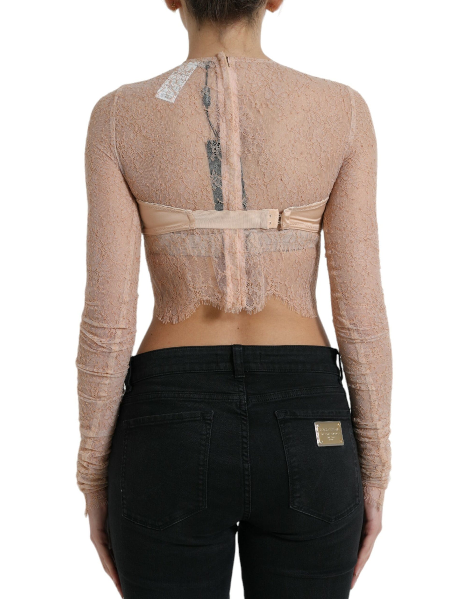 Beiges kurzes Bustier-Top aus Nylon mit Blumenspitze