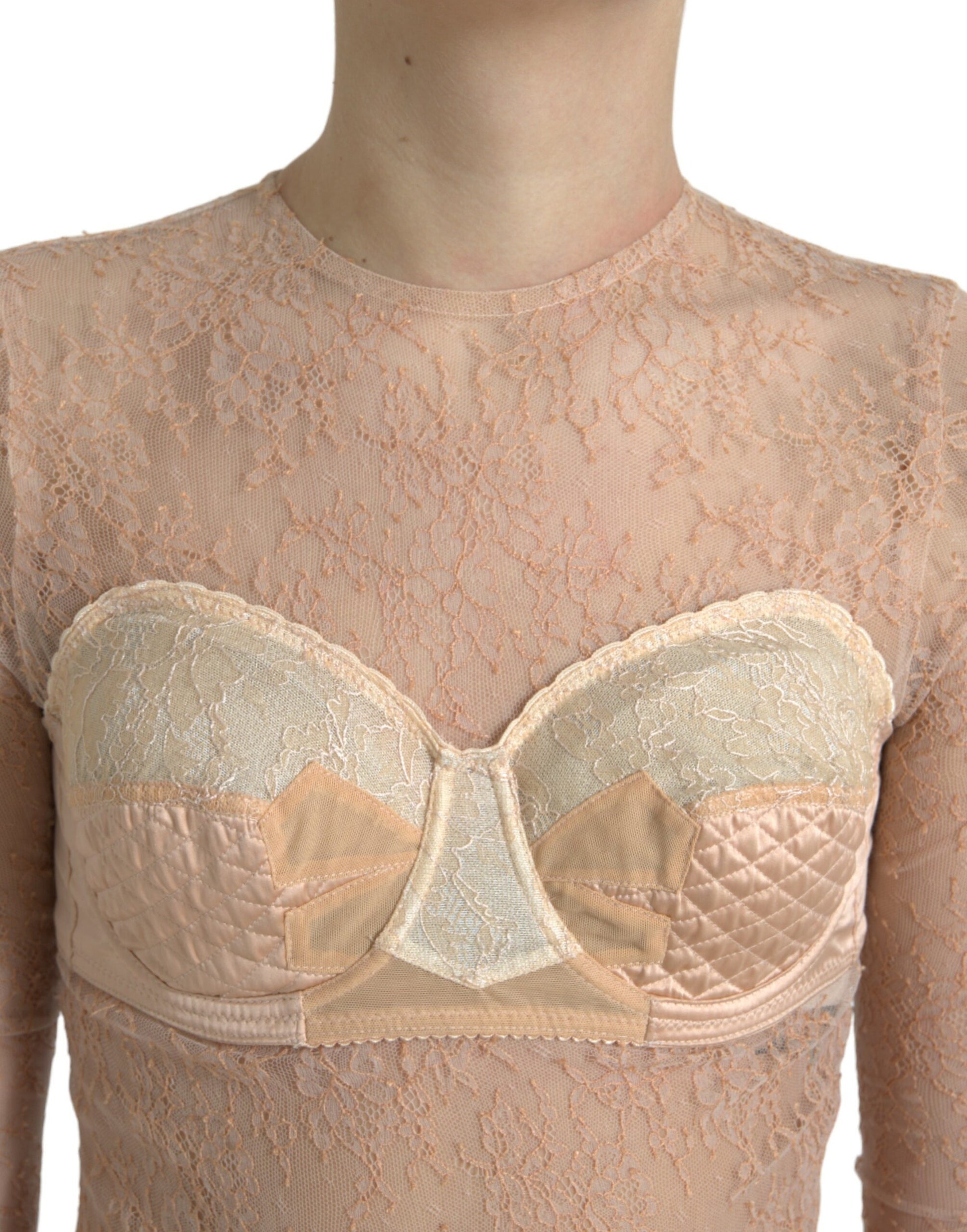 Beiges kurzes Bustier-Top aus Nylon mit Blumenspitze