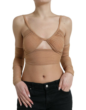 Braunes, schulterfreies, kurzes Nylon-Stretch-Top