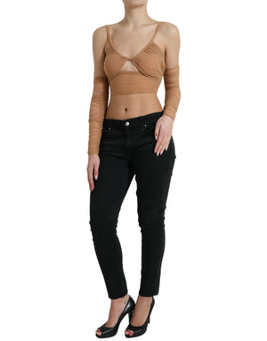 Braunes, schulterfreies, kurzes Nylon-Stretch-Top