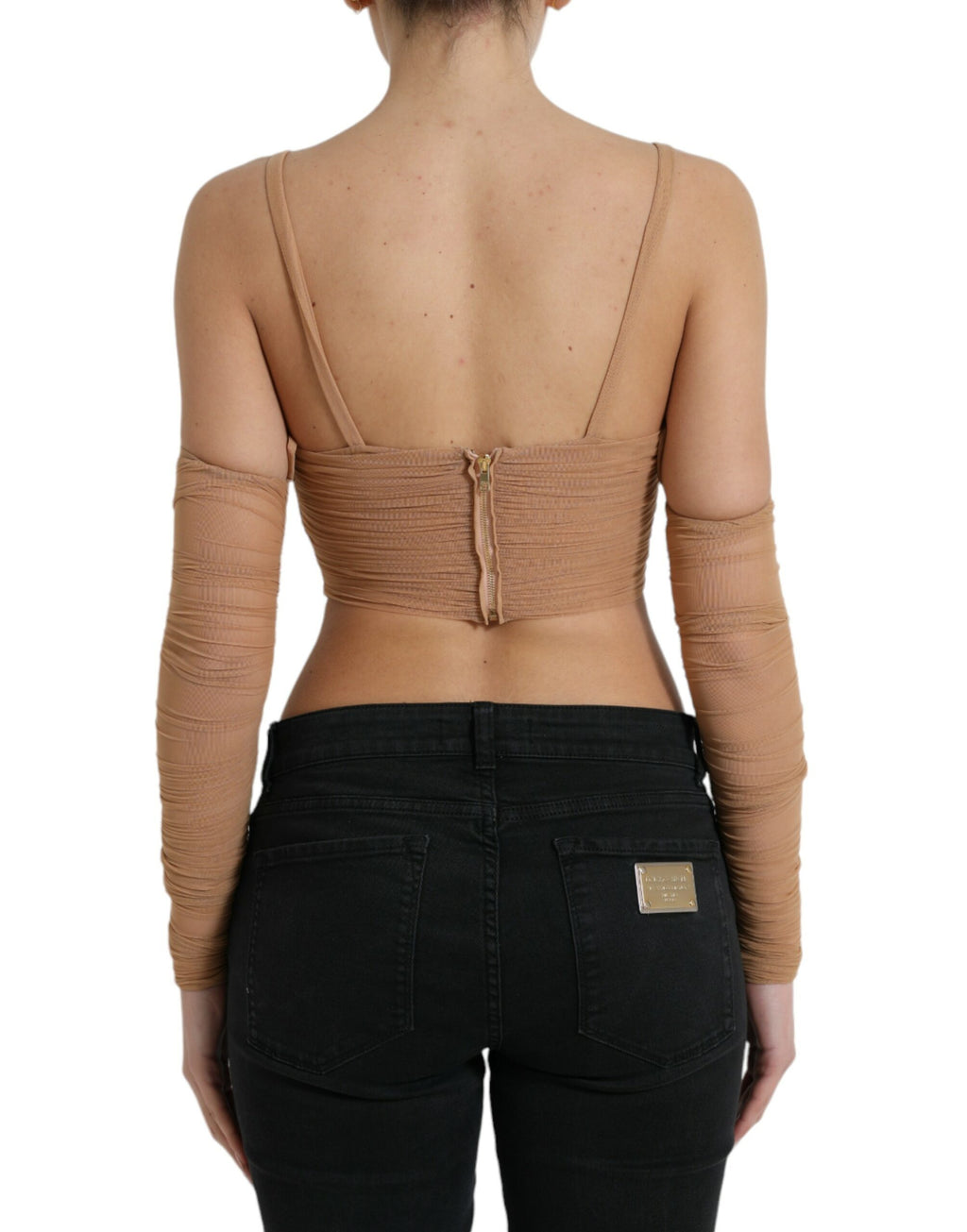 Braunes, schulterfreies, kurzes Nylon-Stretch-Top