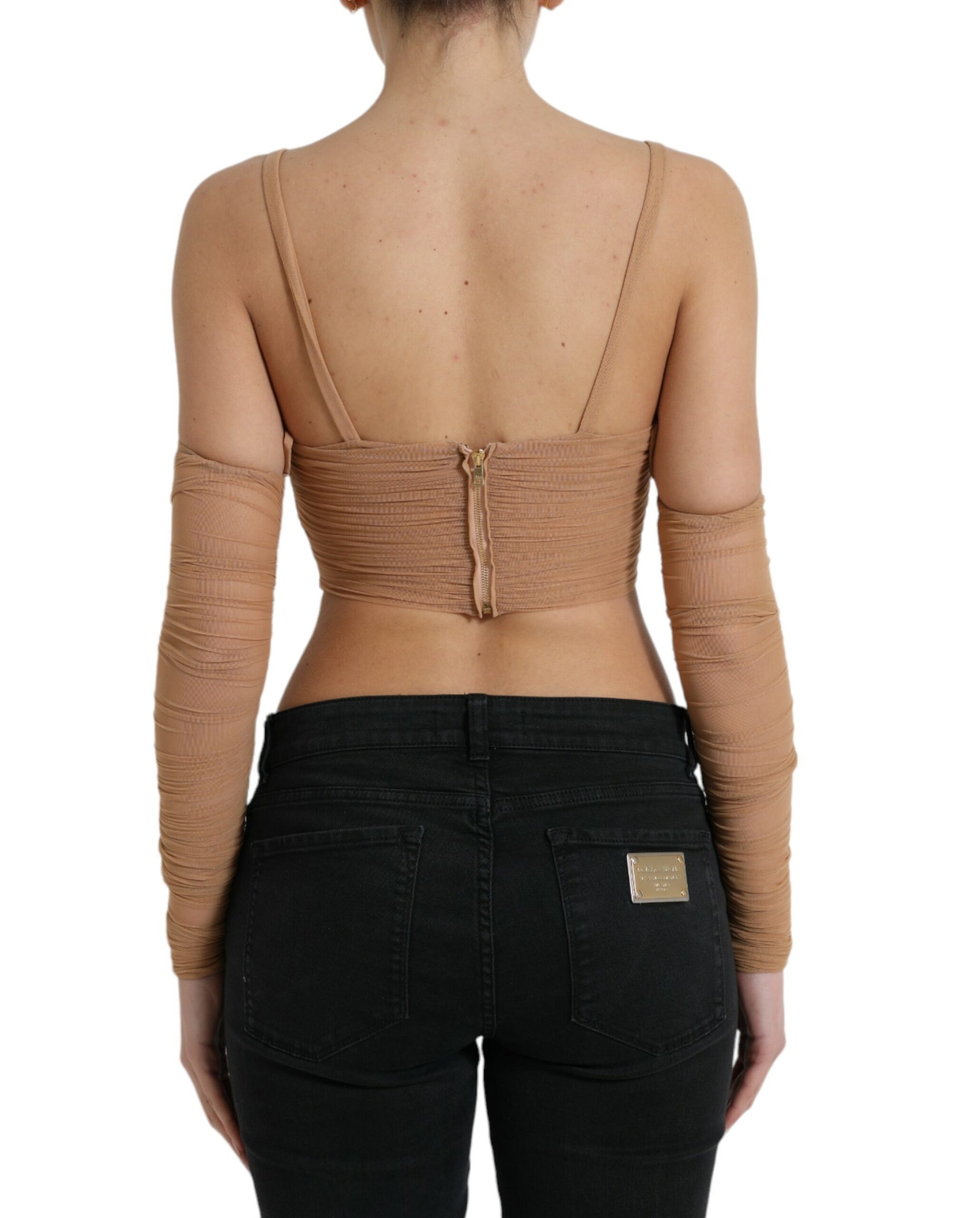 Braunes, schulterfreies, kurzes Nylon-Stretch-Top