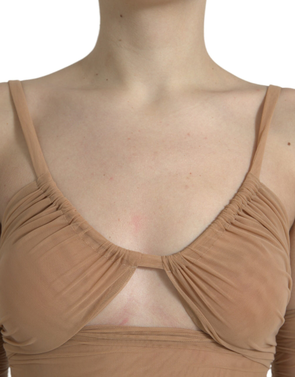 Braunes, schulterfreies, kurzes Nylon-Stretch-Top