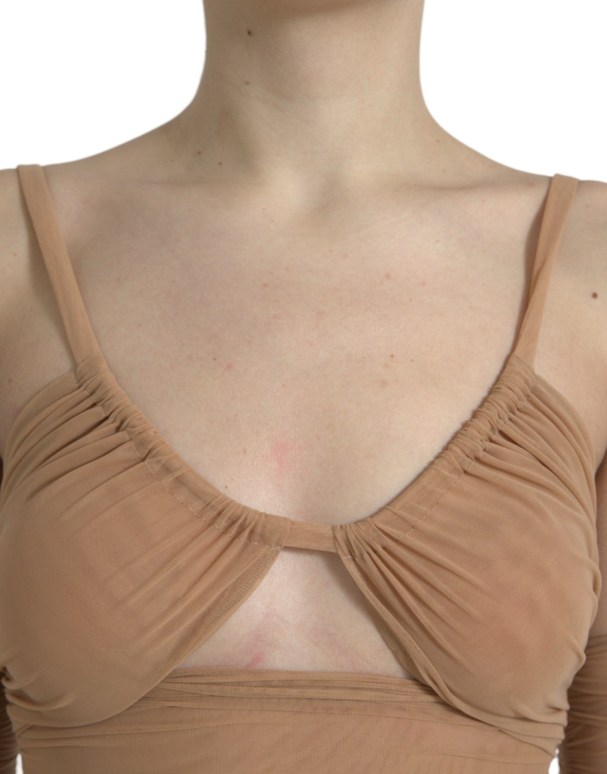 Braunes, schulterfreies, kurzes Nylon-Stretch-Top